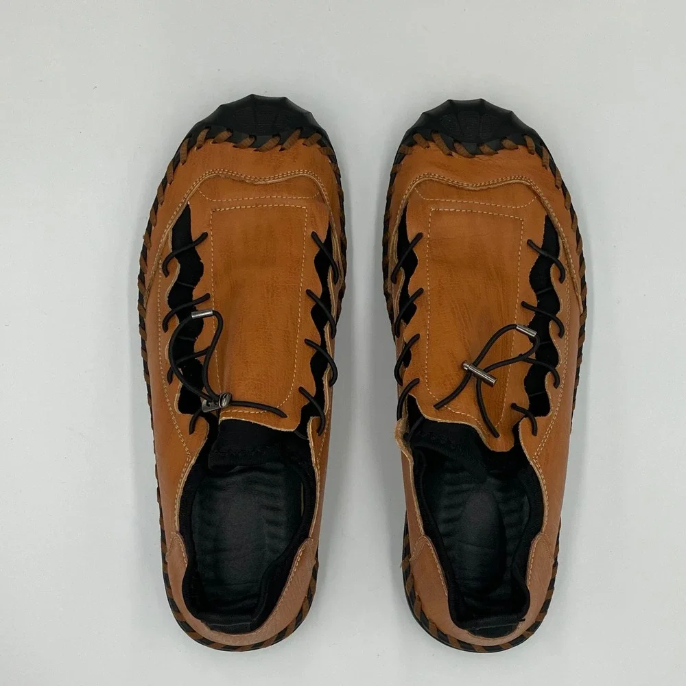 Mens‎ Tan Leather Hand Stitched Toggle Lace 11.5 Loafers Shock Absorber Size 45